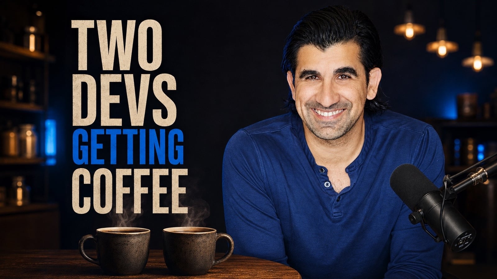 Two Devs Getting Coffee cover art: Oshri Cohen behind a studio microphone with two cups of coffee on the table